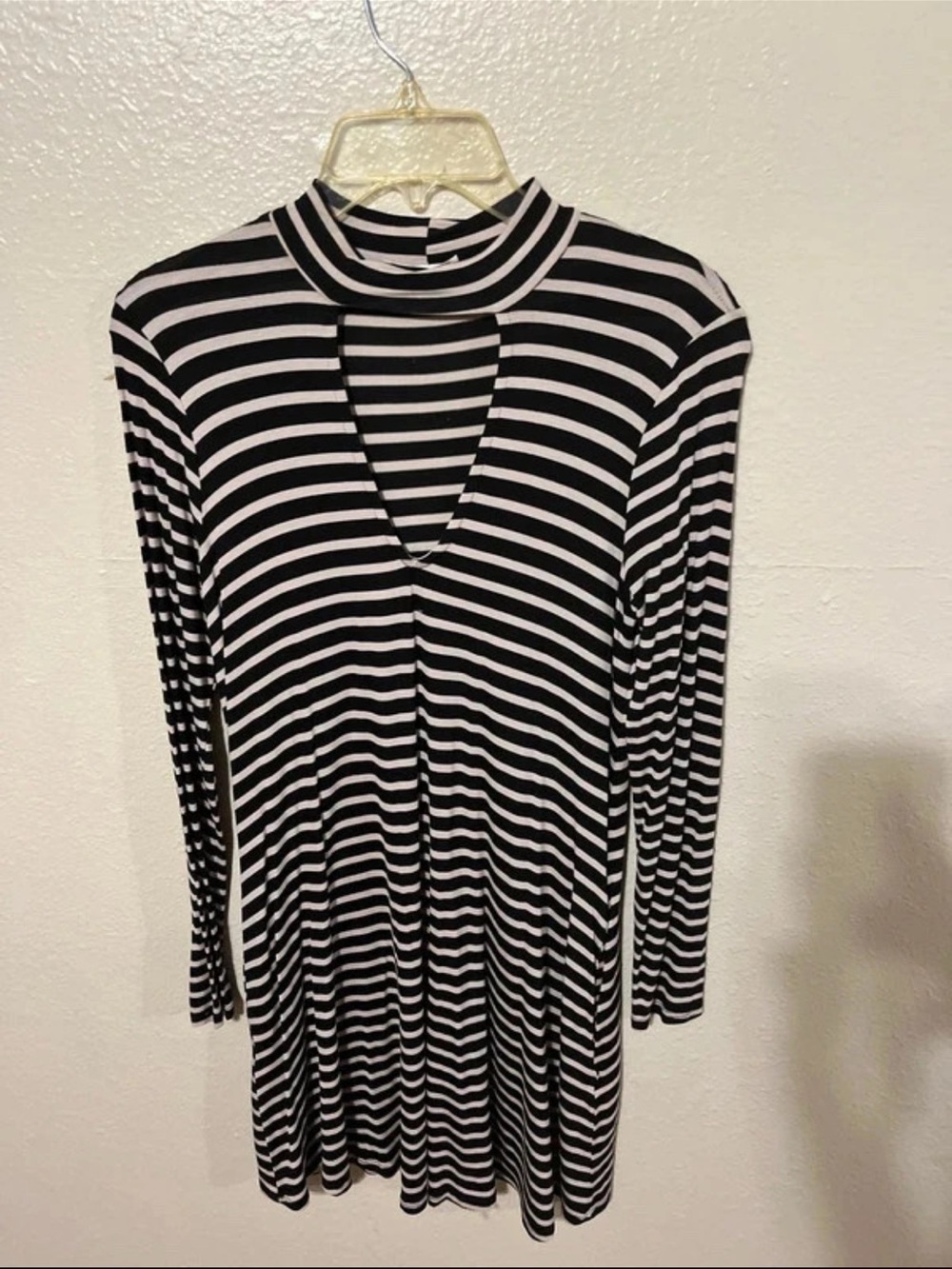 Socialite Black & White Striped Long Sleeve Mock Neck Top with V-Cutout